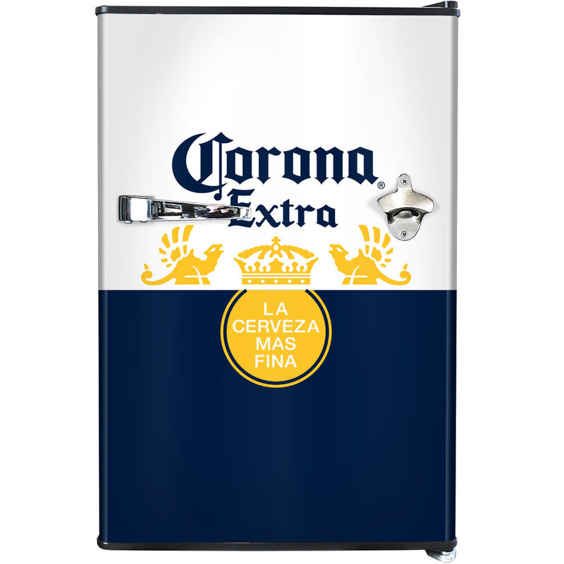 Retro Mini Bar Fridge 70 Litre Beer Branded With Opener shoinwg the front view of the corona model