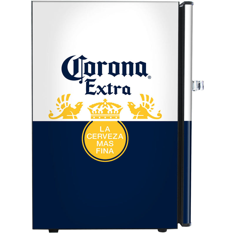Retro Mini Bar Fridge 70 Litre Beer Branded With Opener shoinw the left side of the corona model