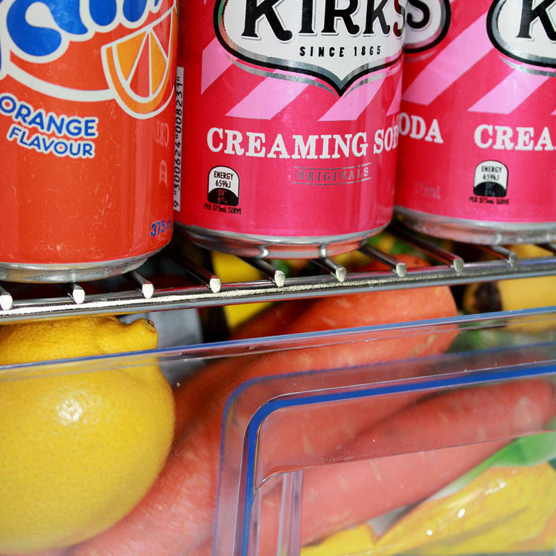 Dellcool Silent Bar Fridge With Mini Freezer  showing a close up of the stainless steel shelves