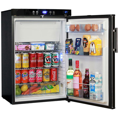 Dellcool Silent Bar Fridge With Mini Freezer showing the inside with food and drinks