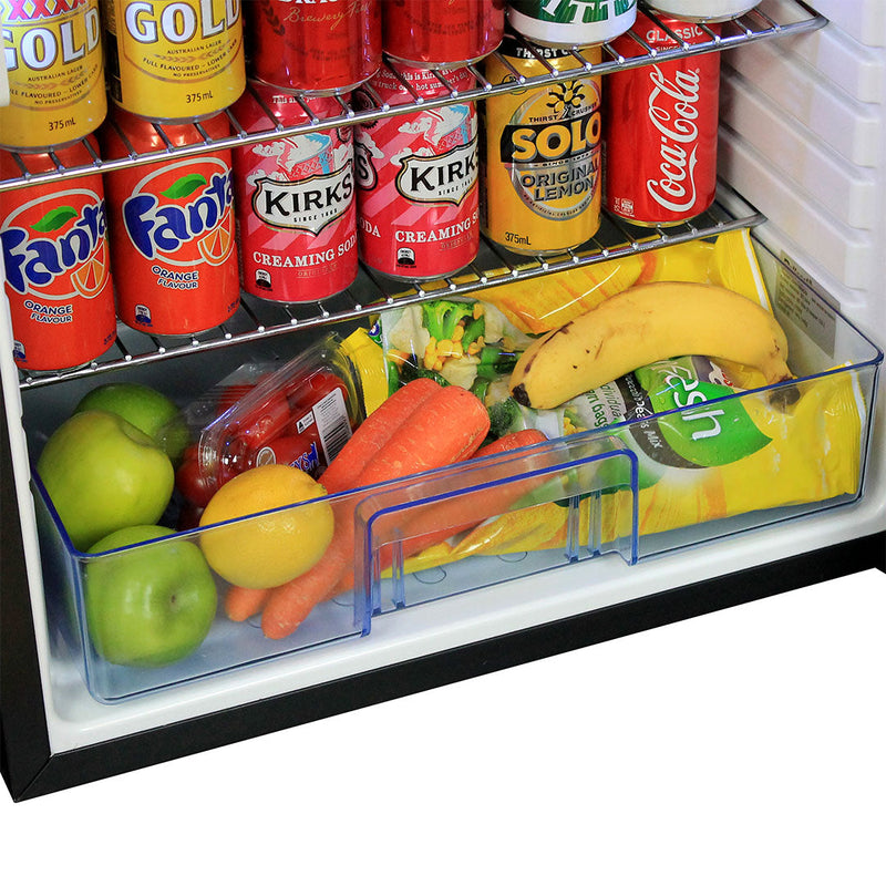 Dellcool Silent Bar Fridge With Mini Freezer  shwoign the bottom vege shelf open