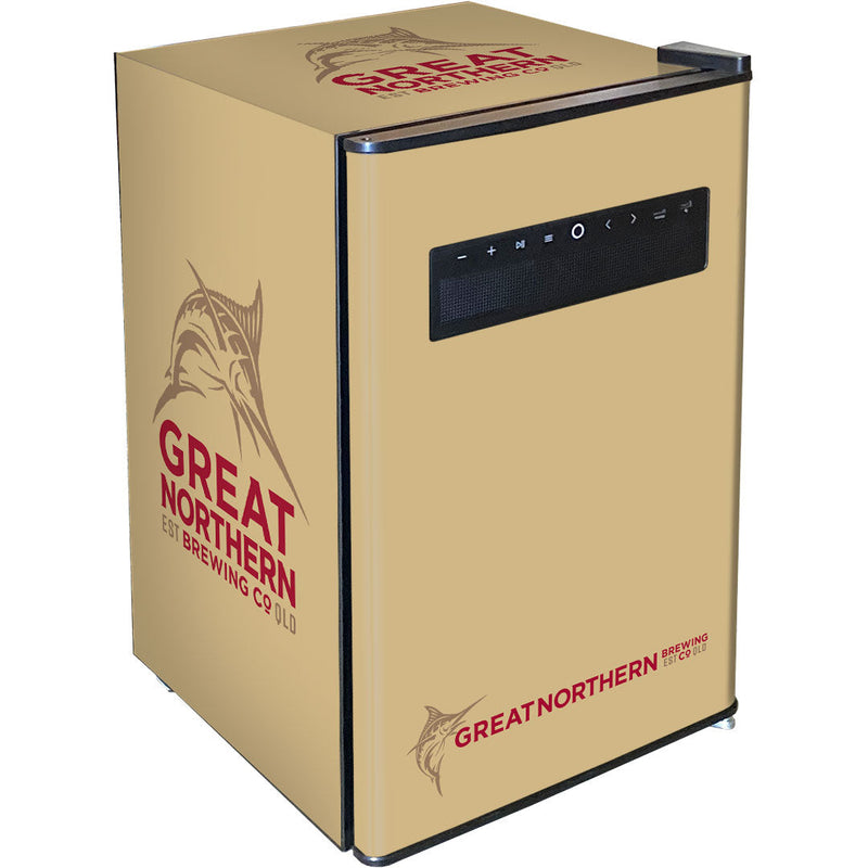 70 L Blue Tooth Speaker Disco Bar Fridge - Beer Branded showing the greater northern gold model