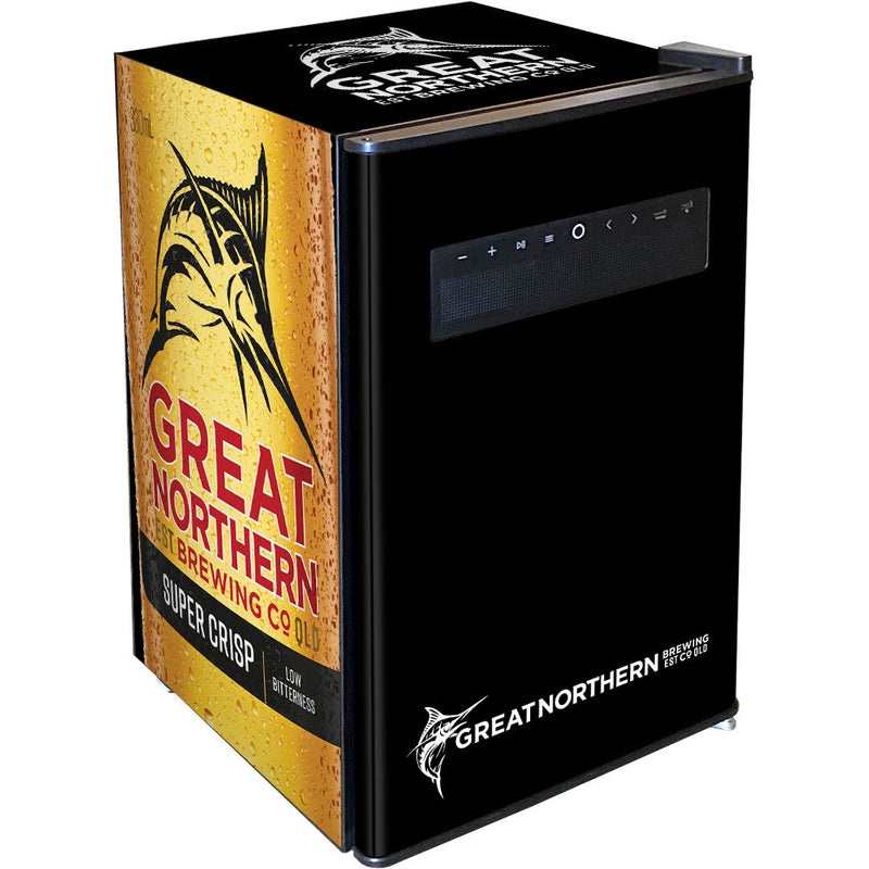 70 L Blue Tooth Speaker Disco Bar Fridge - Beer Branded showing the greater northern supercrisp