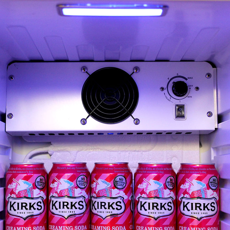 Sub-Tropical Glass Door Mini Bar Fridge | 70 L | EC68-SSH showing the internal fan with the dials inside