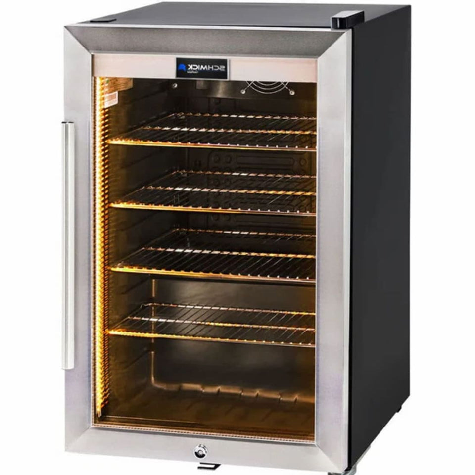 Schmick 70 L Tropical Triple‑Glazed Stainless Bar Fridge – Right or Left Hinge - HUS-SC70-SS showing the right hinge with yellow light