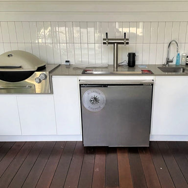 Kegerator | Solstace Indoor/Outdoor | Everything You Need Bundle | showing kegerator installed under a bench