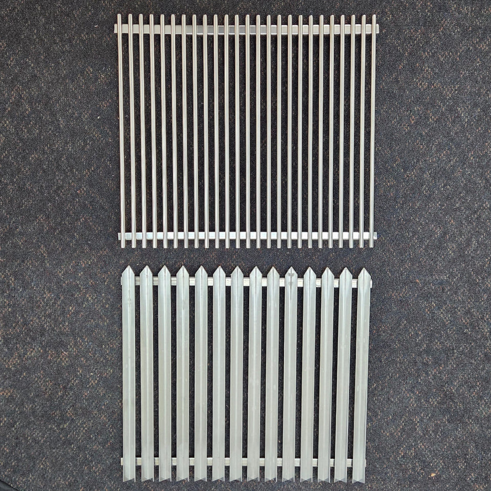 Replacement V-grate & BBQ Rod Grills for OLA Grills Parrilla Argentine showing the rod and v grate grills together