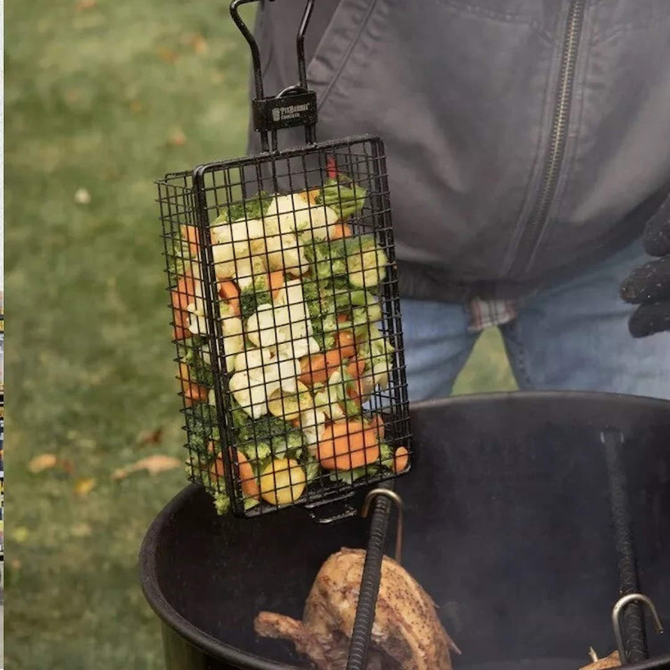 Pit Barrel Cooker 3 Hanger Pack veggies in basket