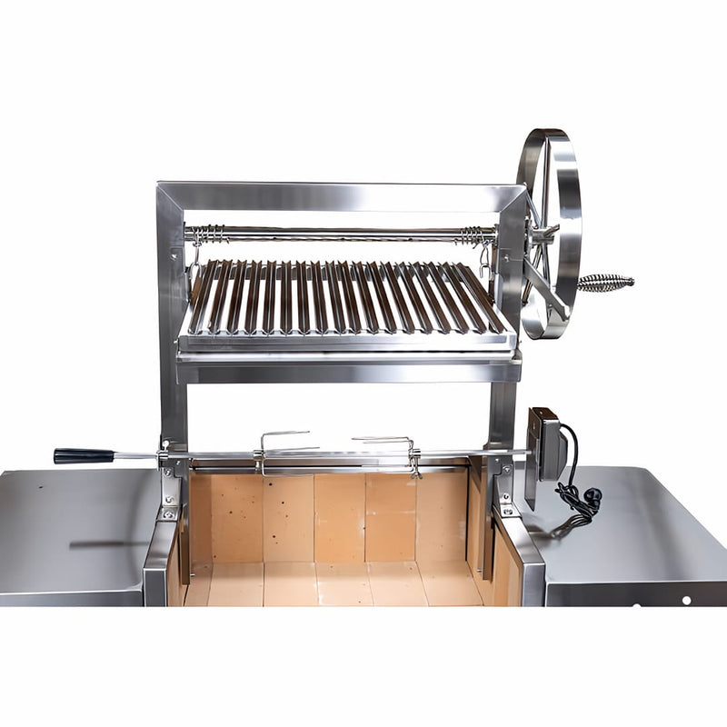 Parrilla Argentine Grill | Firebrick | Rotisserie | Medium close up of the grill, wheel, and rotisserie