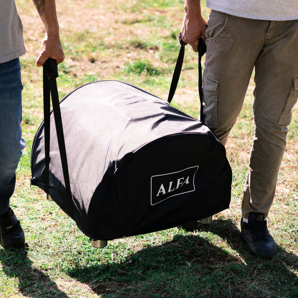Pizza Oven Cover Alfa Forni  two guys carrying portable cover