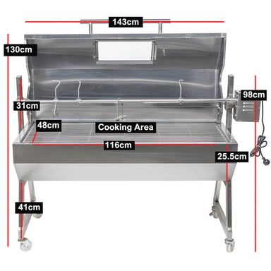 1200 mm Spit Rotisserie Roaster for Hire | Hooded showing the dimensions