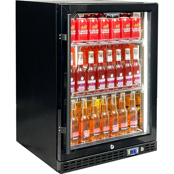 Slide Out Flat Shelves | Cans & Bottles | Schmick SK Models showing them insdie a fridge with the door shut