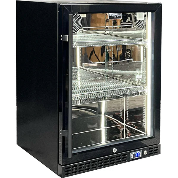 Slide Out Flat Shelves | Cans & Bottles | Schmick SK Models showing them insdie a fridge with the door closed and fridge empty
