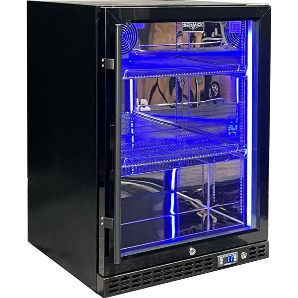 Slide Out Flat Shelves | Cans & Bottles | Schmick SK Models inside a fridge with a blue LED and the door shut and empty of drinks