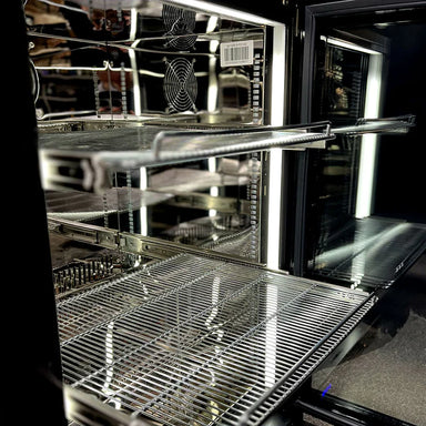 Slide Out Flat Shelves | Cans & Bottles | Schmick SK Models close up of the shelves empty and pulled outside the fridge