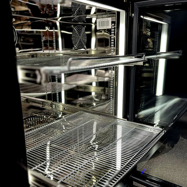 Slide Out Flat Shelves | Cans & Bottles | Schmick SK Models close up of the shelves empty and pulled outside the fridge