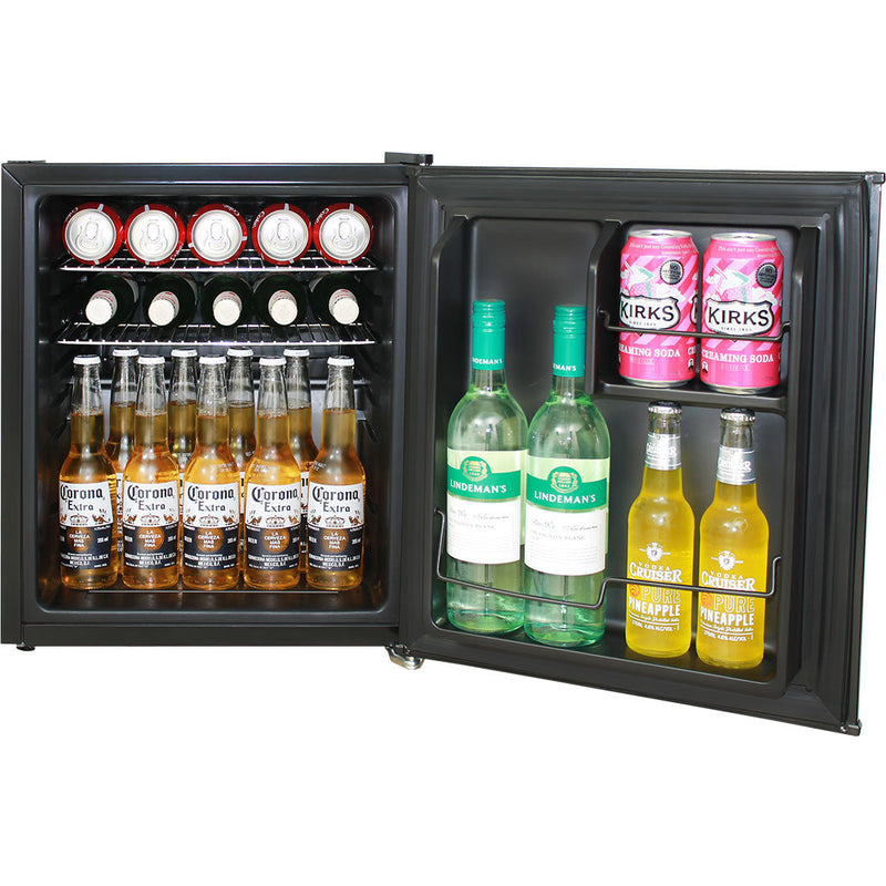 Sports Design Mini Bar Fridge With Handle And Opener - 46L showing the fridge open with drinks