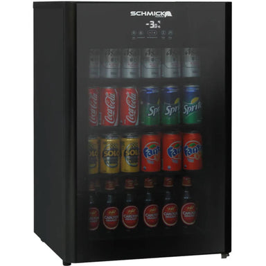 Schmick HUS-EX108 “Under Zero” 108 L Alfresco Beer Fridge – Blast Chill, Heated Glass, Tropical-Rated with drinks in it and door closed
