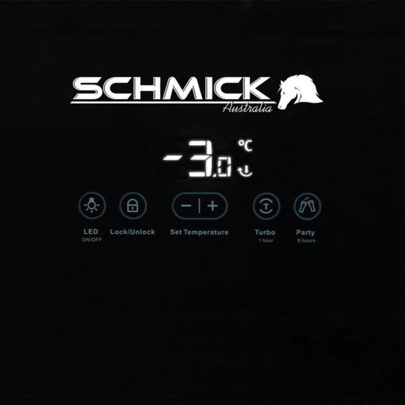 Schmick HUS-EX108 “Under Zero” 108 L Alfresco Beer Fridge – Blast Chill, Heated Glass, Tropical-Rated showing the temperature controller panel