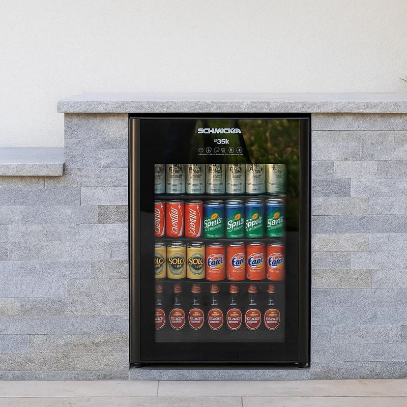 Schmick HUS-EX108 “Under Zero” 108 L Alfresco Beer Fridge – Blast Chill, Heated Glass, Tropical-Rated inside a stone cabinet space