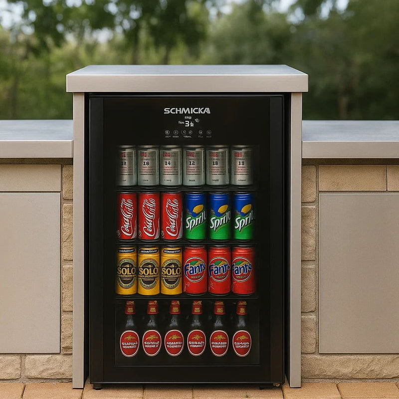 Schmick HUS-EX108 “Under Zero” 108 L Alfresco Beer Fridge – Blast Chill, Heated Glass, Tropical-Rated inside a wood bench set up