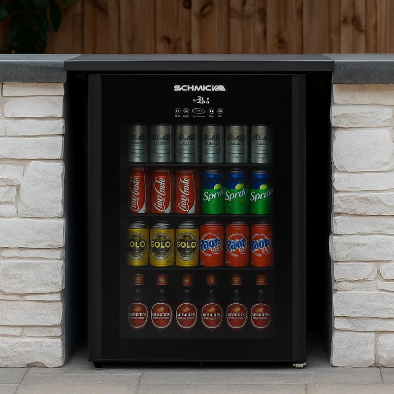 Schmick HUS-EX108 “Under Zero” 108 L Alfresco Beer Fridge – Blast Chill, Heated Glass, Tropical-Rated showing it in an inbuilt outdoor area
