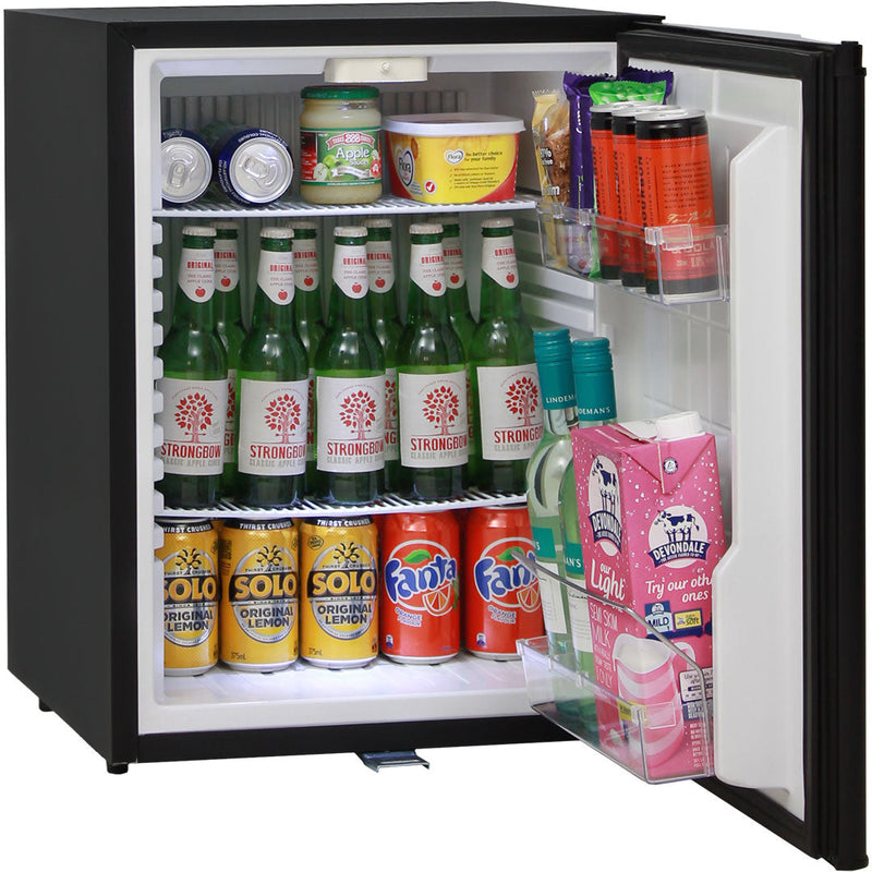 Silent 60 Litre Motel Quiet Mini Bar Fridge With Solid Door - 60 L -DW60E with the door open full of drinks