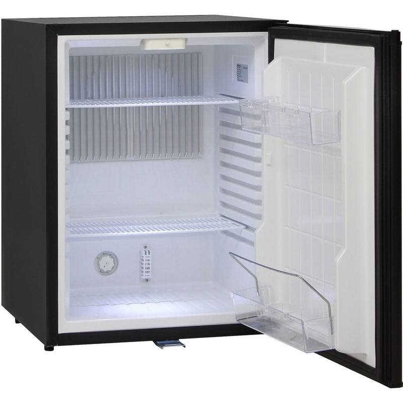 Silent 60 Litre Motel Quiet Mini Bar Fridge With Solid Door - 60 L -DW60E with the door open showing the door and normal shelving