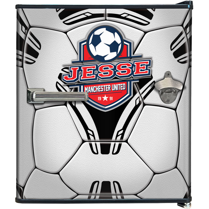 Sports Design Mini Bar Fridge With Handle And Opener - 46L showing teh soccerball front with name