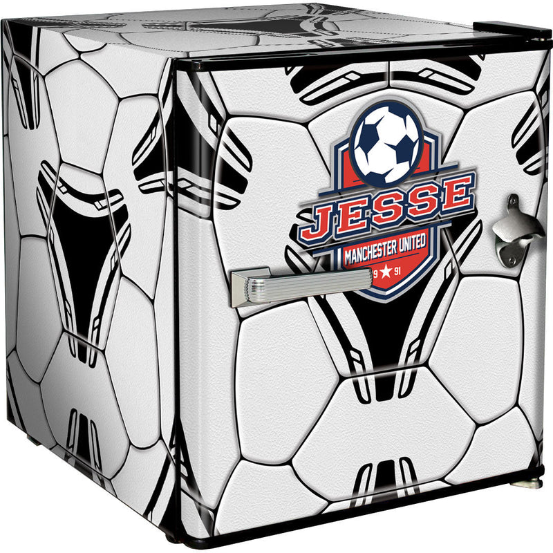 Sports Design Mini Bar Fridge With Handle And Opener - 46L showing the soccer model