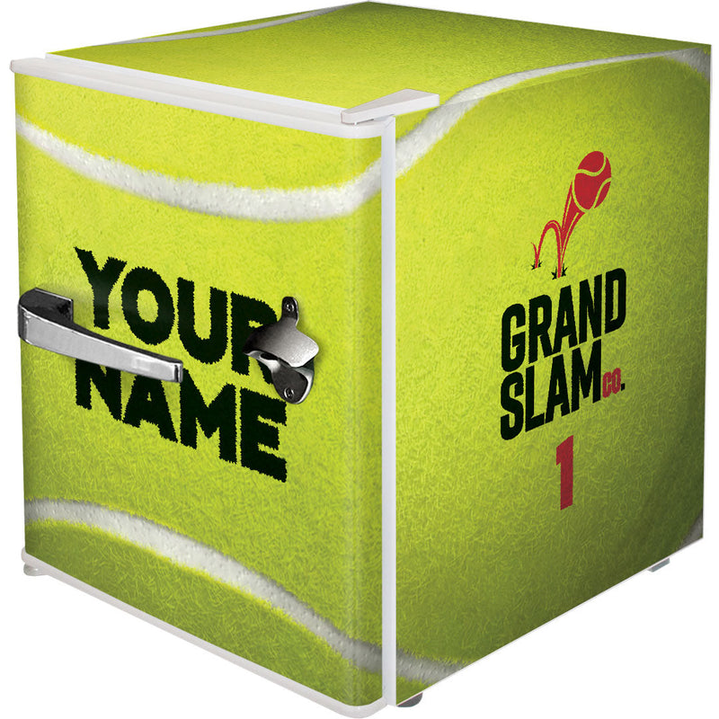 Sports Design Mini Bar Fridge With Handle And Opener - 46L showing the tennis model with name spot