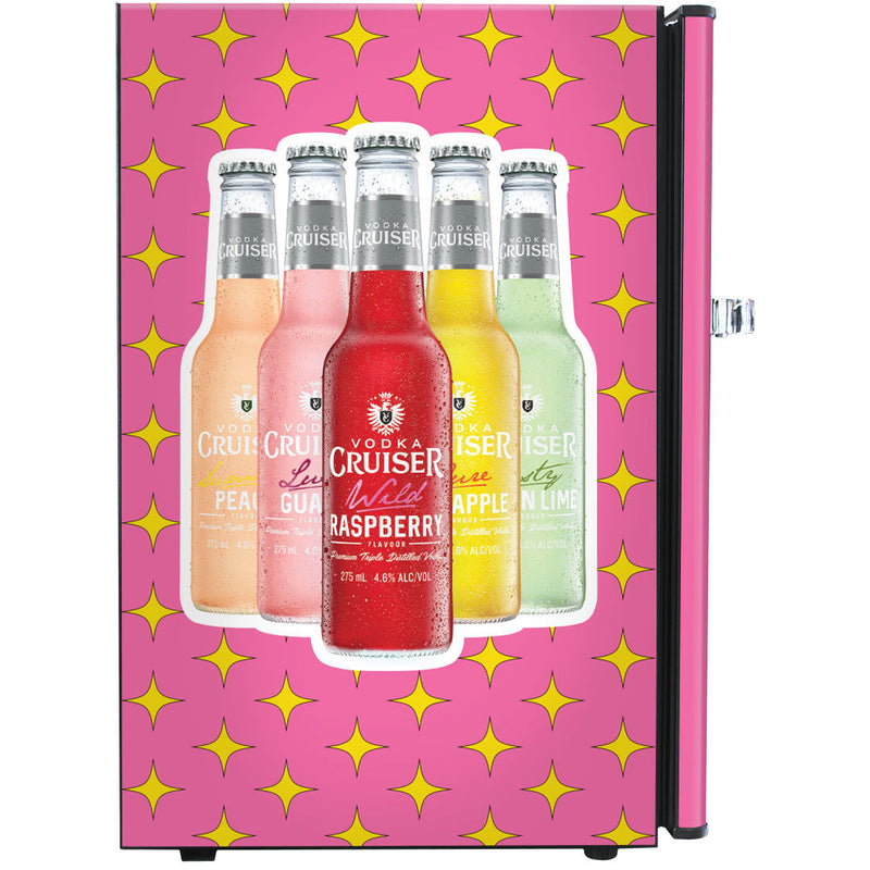 Retro Mini Bar Fridge 70 Litre Beer Branded With Opener showing the left side of the vodka cruiser model
