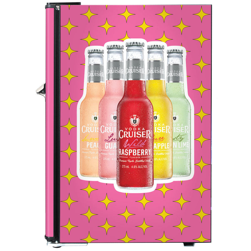 Retro Mini Bar Fridge 70 Litre Beer Branded With Opener showing the right side of the vodka cruiser model