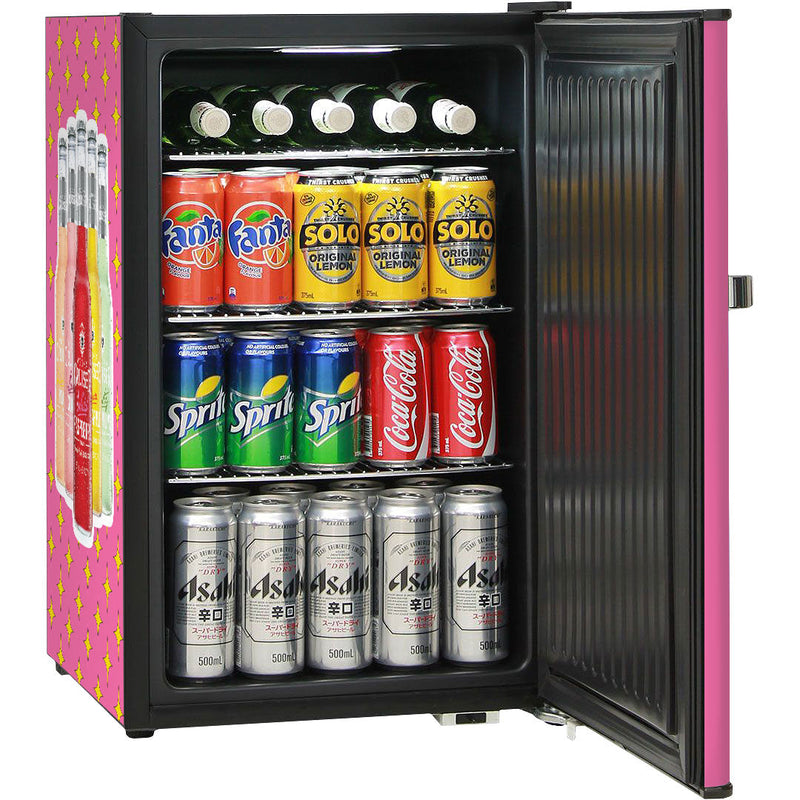 Retro Mini Bar Fridge 70 Litre Beer Branded With Opener showing the fridge open with drinks inside
