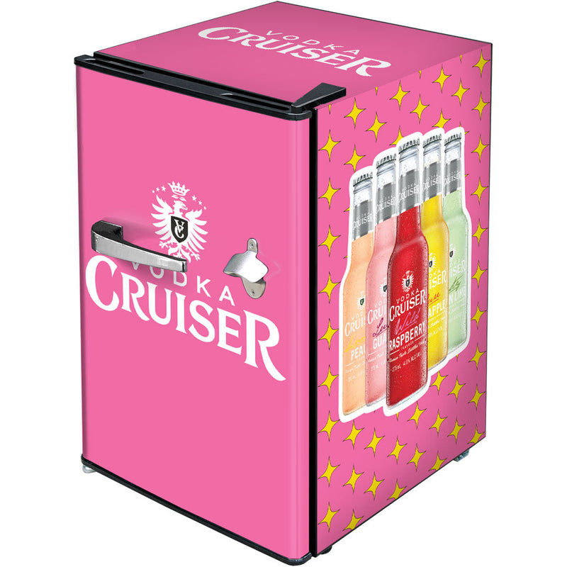Retro Mini Bar Fridge 70 Litre Beer Branded With Opener showing an angle view of the vodka cruiser model