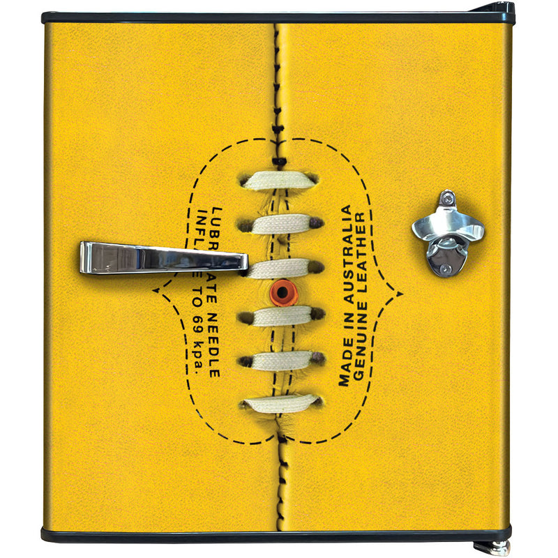 Sports Design Mini Bar Fridge With Handle And Opener - 46L showing the yellow football front