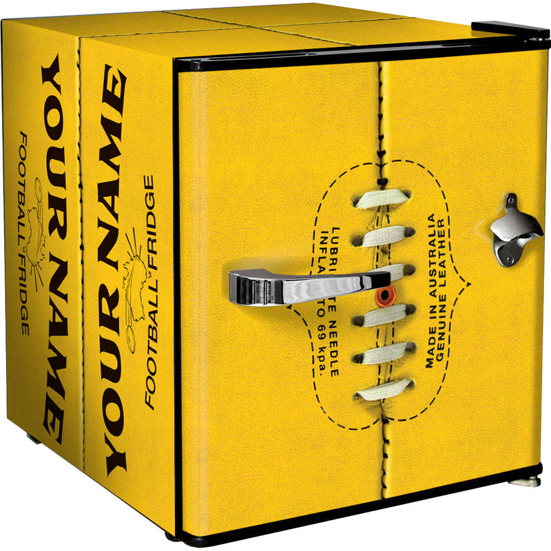 Sports Design Mini Bar Fridge With Handle And Opener - 46L showing the yellow football name area