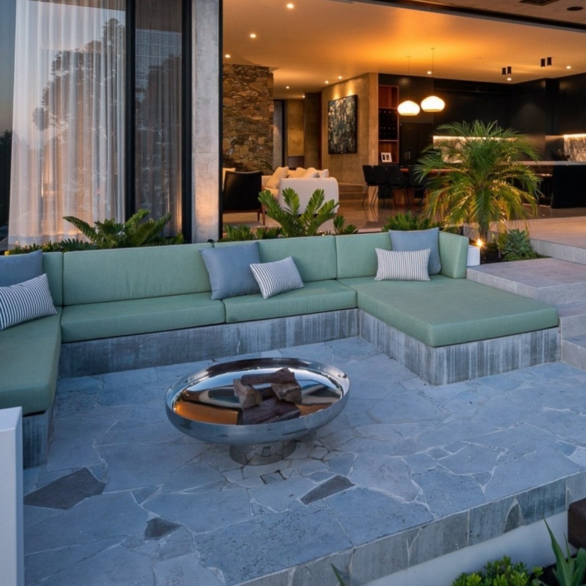 Outdoor Fire Pit Bundle | Cauldron Hearth with Grill | Stainless Steel deep bowl next to outdoor couch