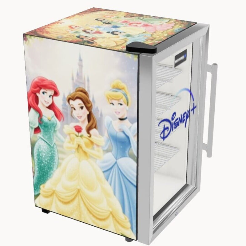 70L Personalised Glass Door Bar Fridge With 3D Custom Previewer showing the Disney customer fridge