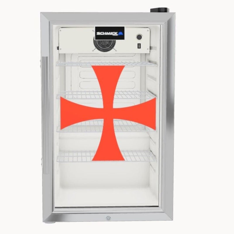 Custom 3D Bar Fridge Builder Australia | Design Your Own Fridge showing the front of a knights templar fridge