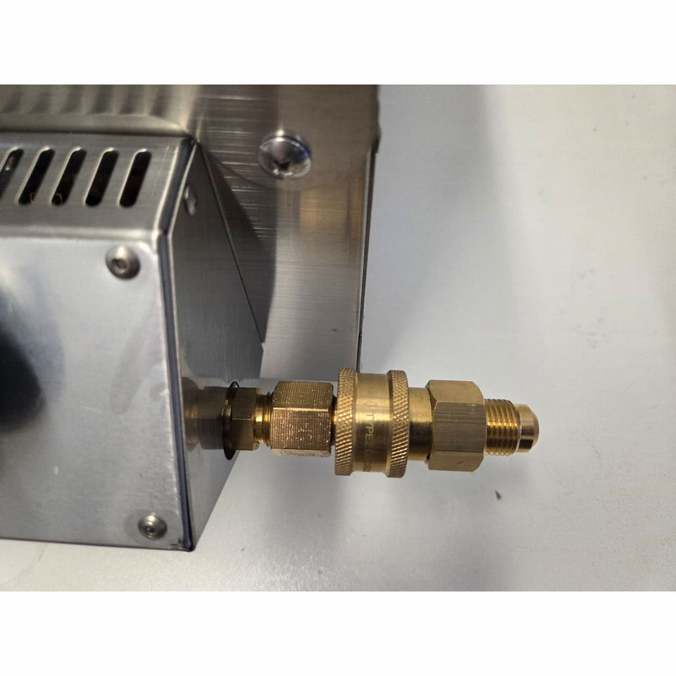 Quick-Connect Brass Fitting (3/8 SAE) & Disposable Bottle Regulator showing the quick release gas fitting