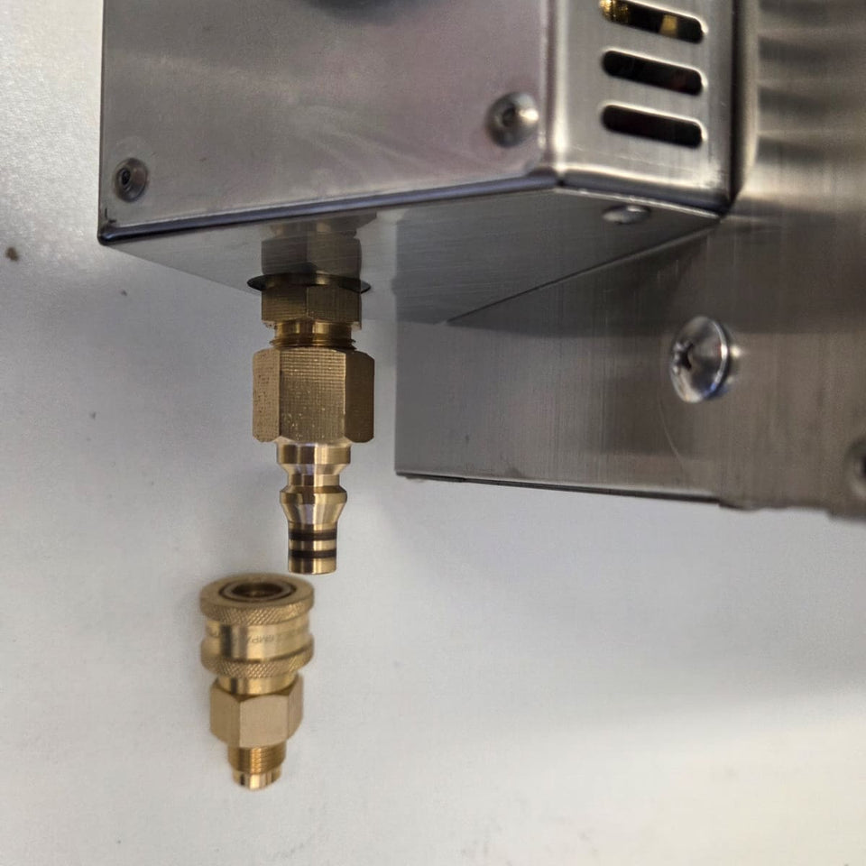 Quick-Connect Brass Fitting (3/8 SAE) & Disposable Bottle Regulator showing the quick release on the unit seperated