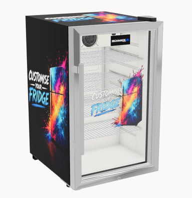 70L Personalised Glass Door Bar Fridge With 3D Custom Previewer showing the base model with general customise your fridge branding