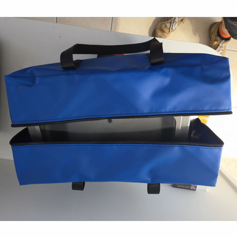 Carry Bag & Cover for Sizzler Deluxe and Galleymate 1100 BBQ Range showing a top view of the unit inside the blue bag