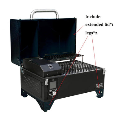 Full view of portable smoker showing extended lid and legs attatched