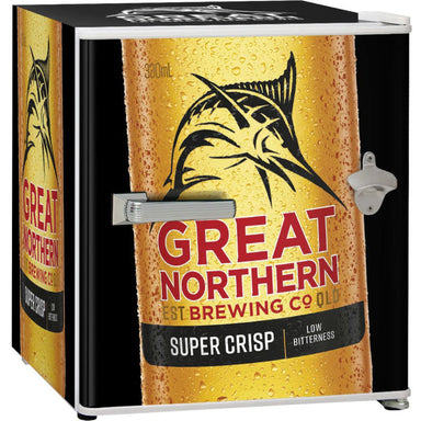 Bar Fridge | Great Northern super crisp close up front view of bar fridge showing bottle opener