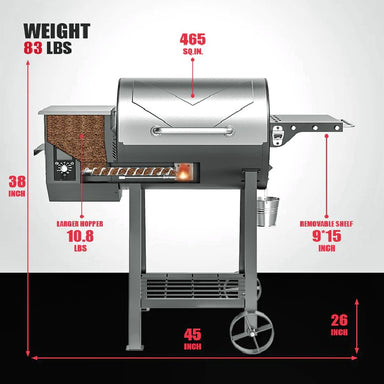 ASMOKE Pellet Smoker AS500N, showing smoker dimensions and hopper feeder